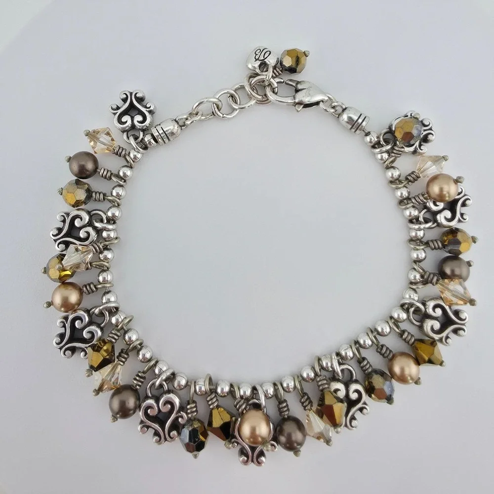 BRIGHTON 'Cannes' Bracelet Heart Crystal Fringe Charm Scroll Silver Plate 7.75